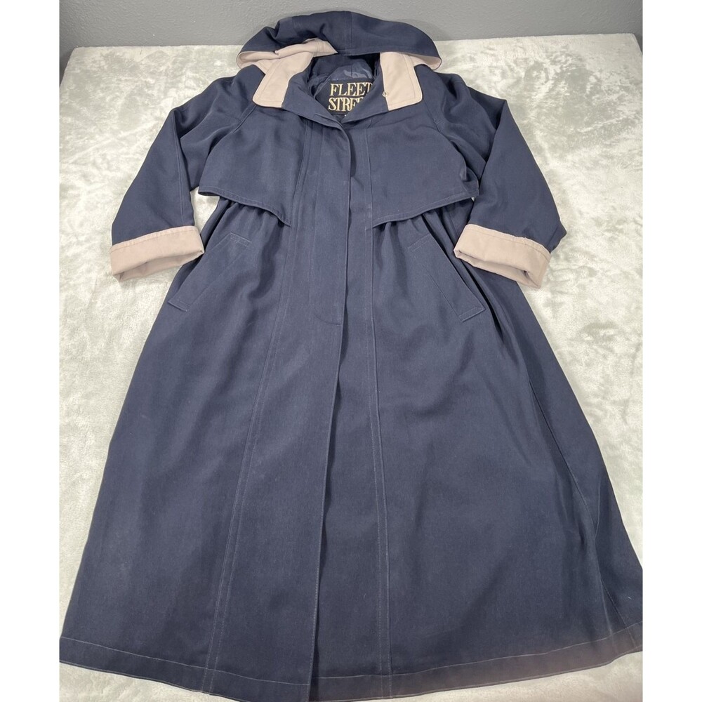 Fleet Street Navy Blue Long Trench Coat Beige Trim Womens 10P VTG 90s